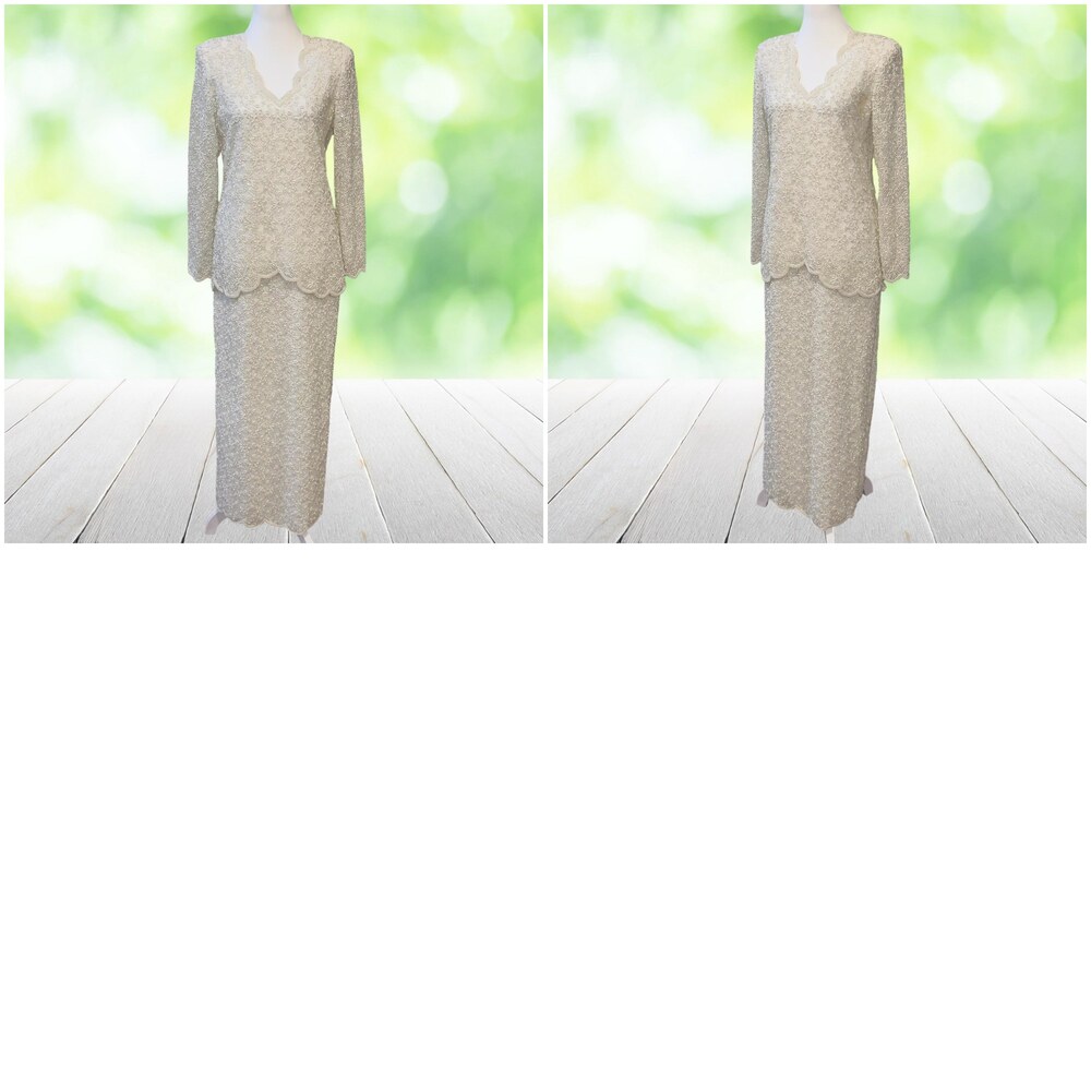 Vintage 80s LAURENCE KAZAR Hand Beaded Lace Maxi Sheath Gown White Size S Bridal - Picture 16 of 16